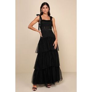 Lulus Enticing Mystique Black Tulle Tie-strap Tiered Maxi Dress - Size L